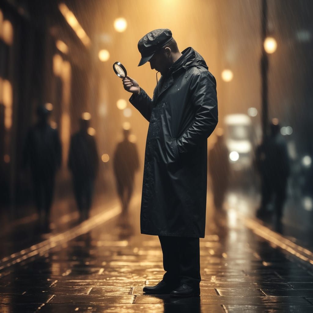 Detective Examines Crime Scene Under Golden Streetlight