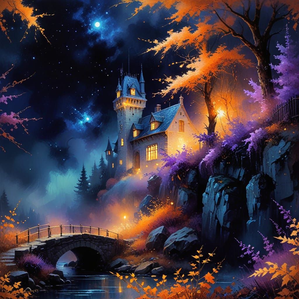 Ethereal Medieval Fantasy Manor in Vibrant Autumn Night