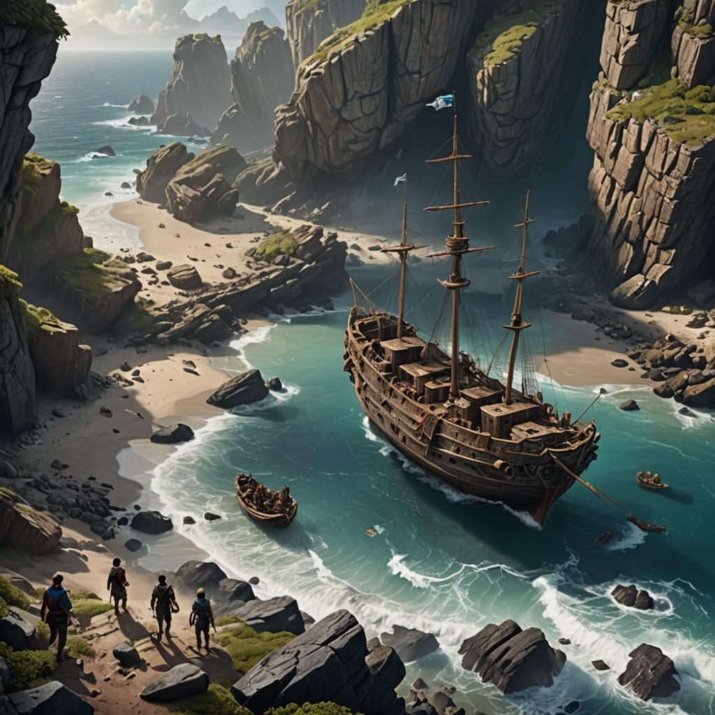 Adventurers Approach Shipwreck on Rocky Beach