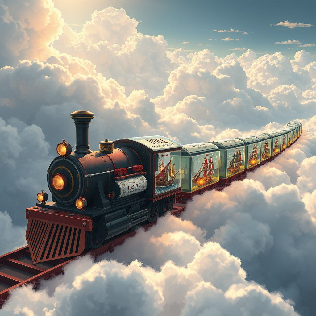 Train with Glass Bottle Carriages in Clouds