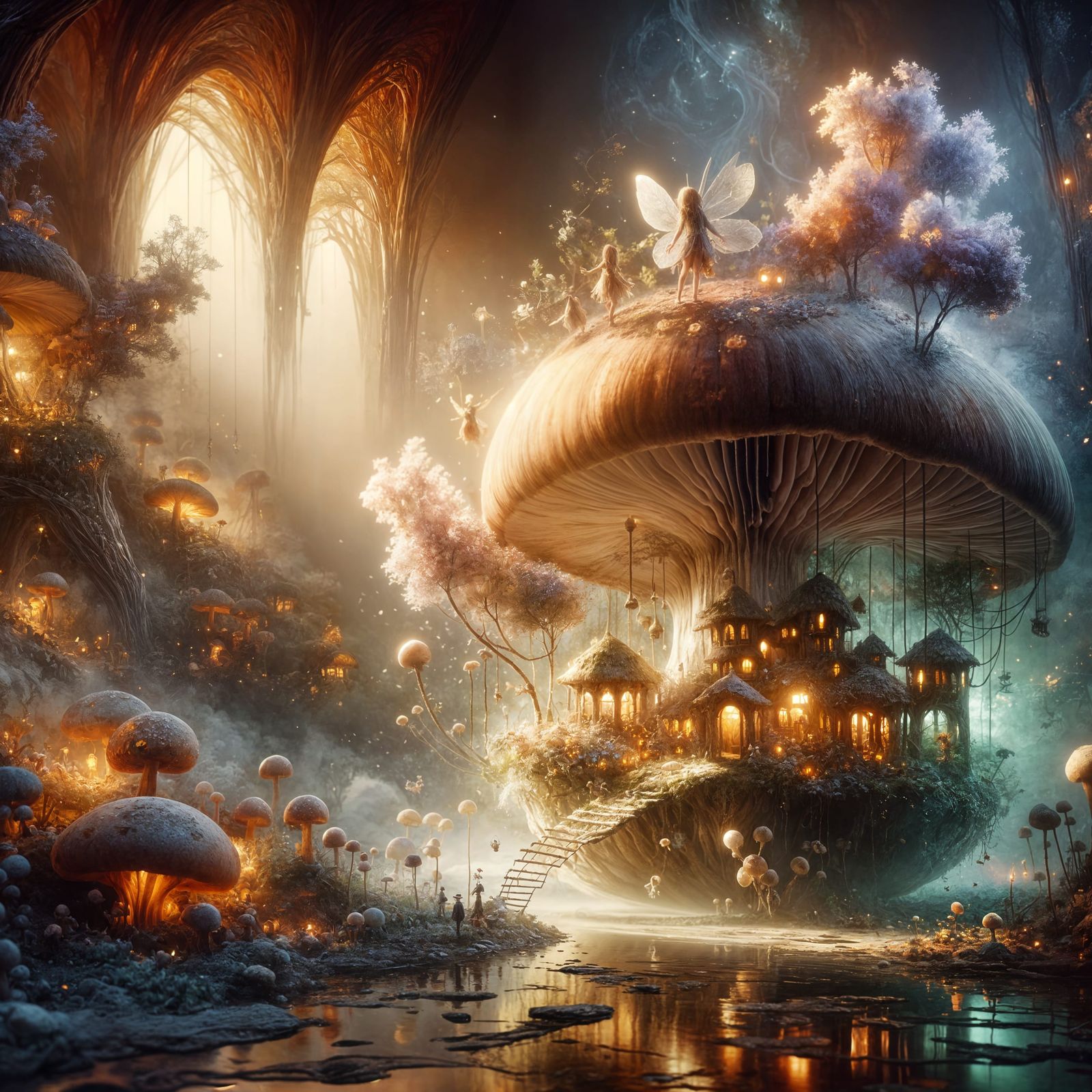 Enchanted Fairy Village Inside Mushroom, Digital Watercolor