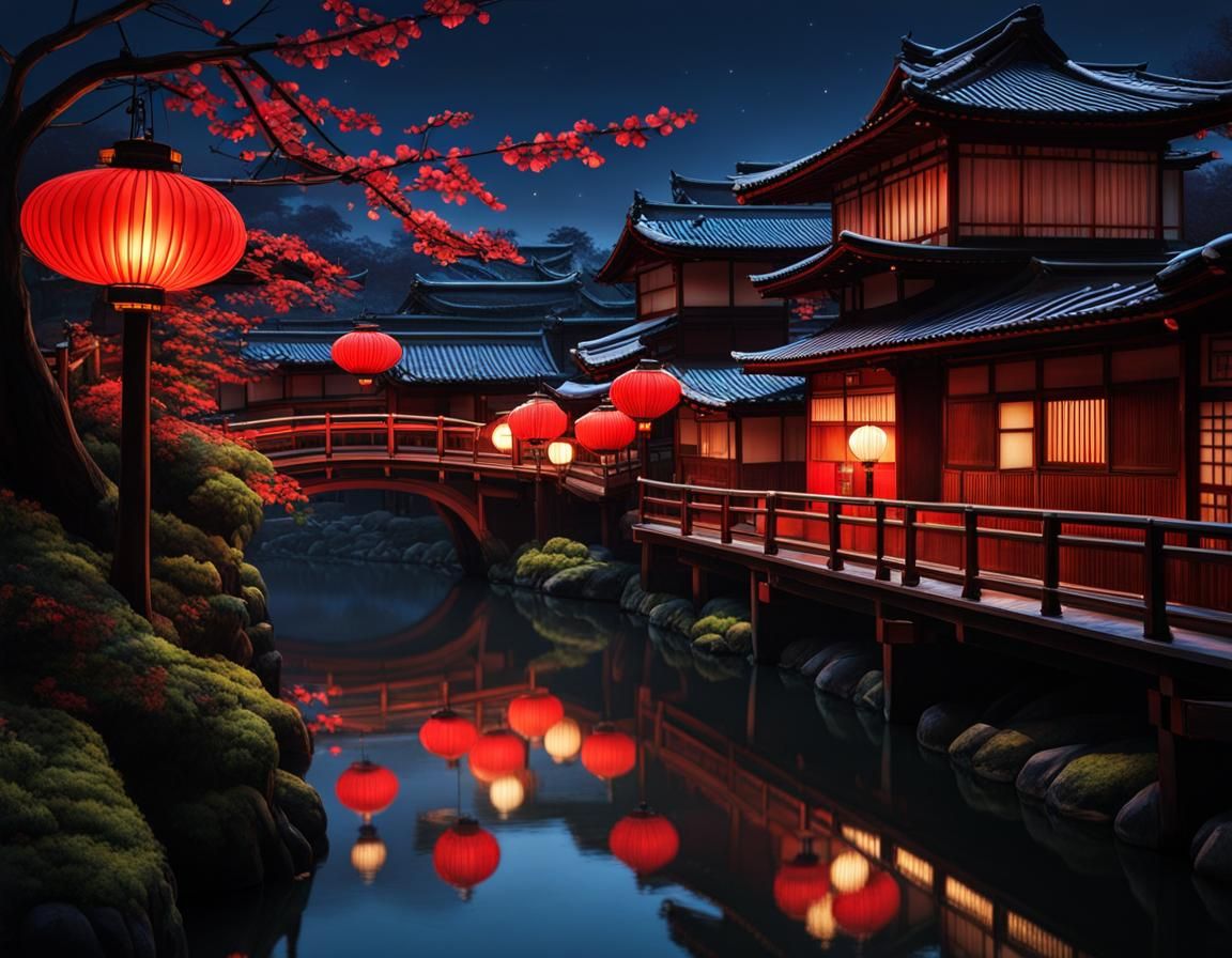 Nighttime Canal Scene in Kyoto, Japan