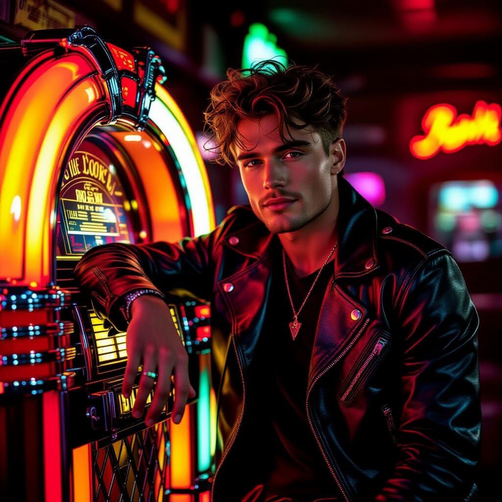 Cool Man Leaning on Neon Jukebox, Rock 'n' Roll Vibe