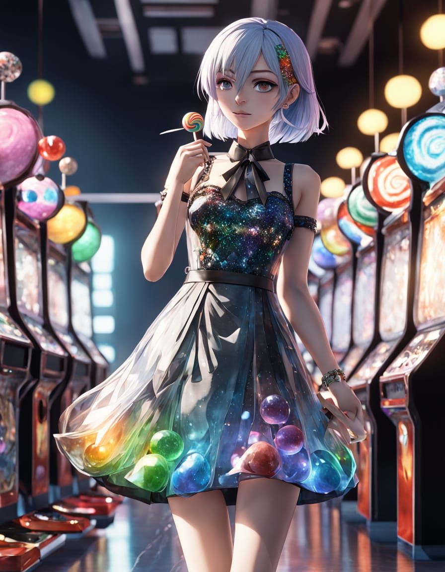 Anime Girl in Glass Marble Dress with Rainbow Lollipop