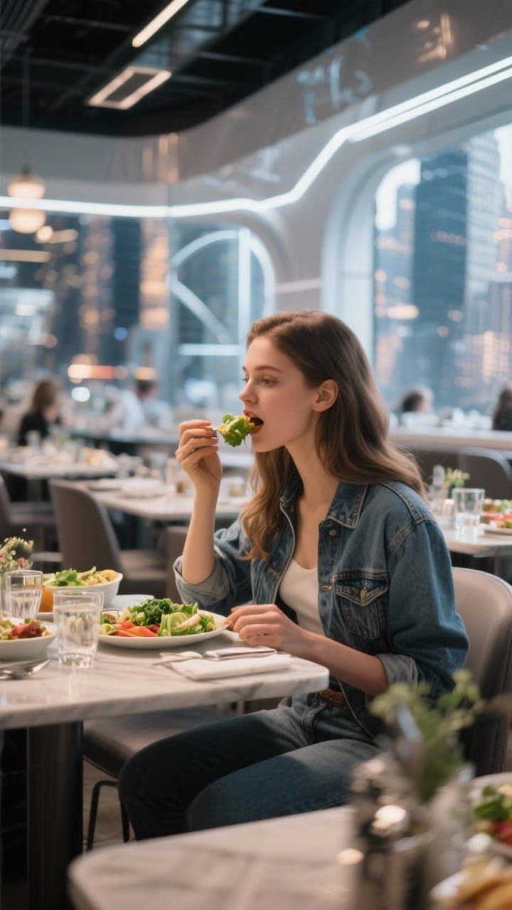 Attractive Woman Enjoys Diet Food in Futuristic Restaurant
