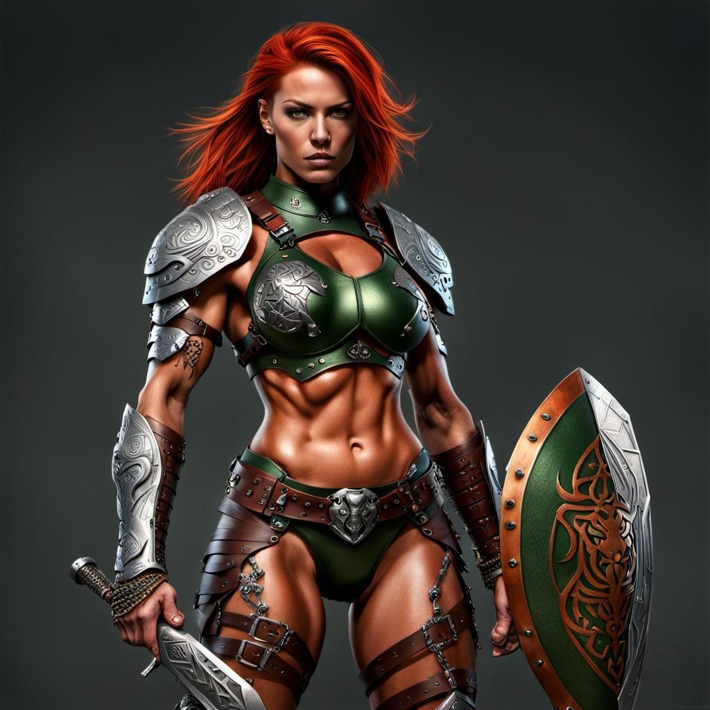 Redhead Amazon Warrior in Intricate Metal Armor