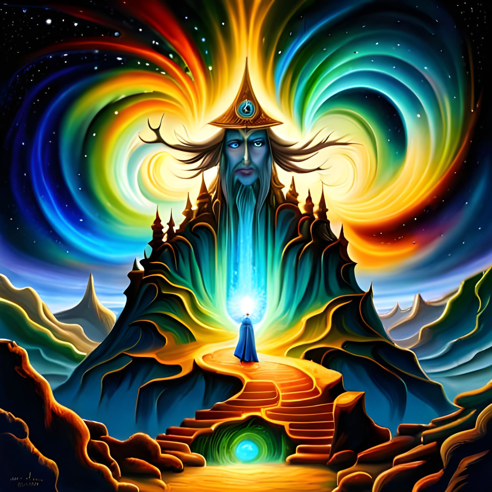Fractal Wizard in a Cosmic Fantasy Scene