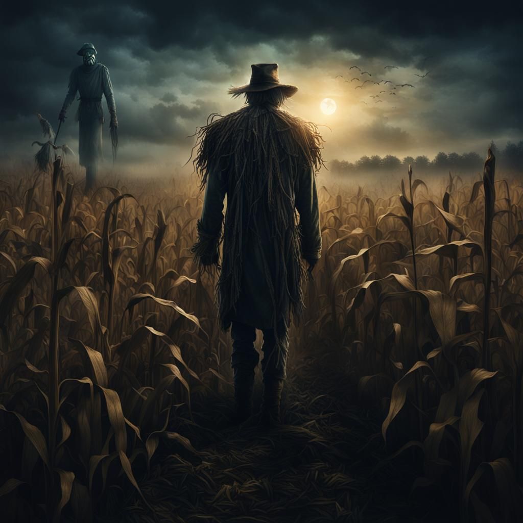 Eerie Scarecrow in Foggy Cornfield: Digital Matte Painting