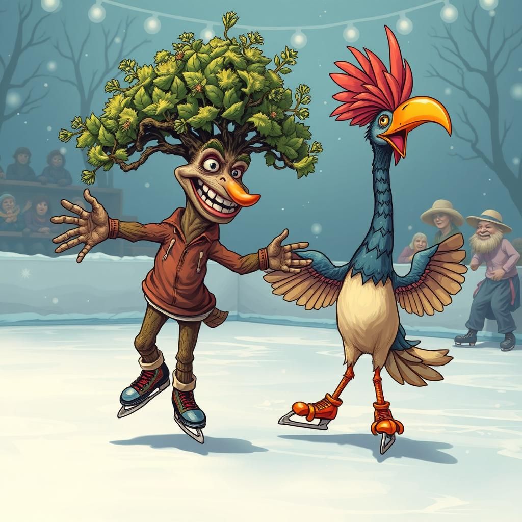 Bonsai Tree and Bird Ice Skating: Golden Age Comic