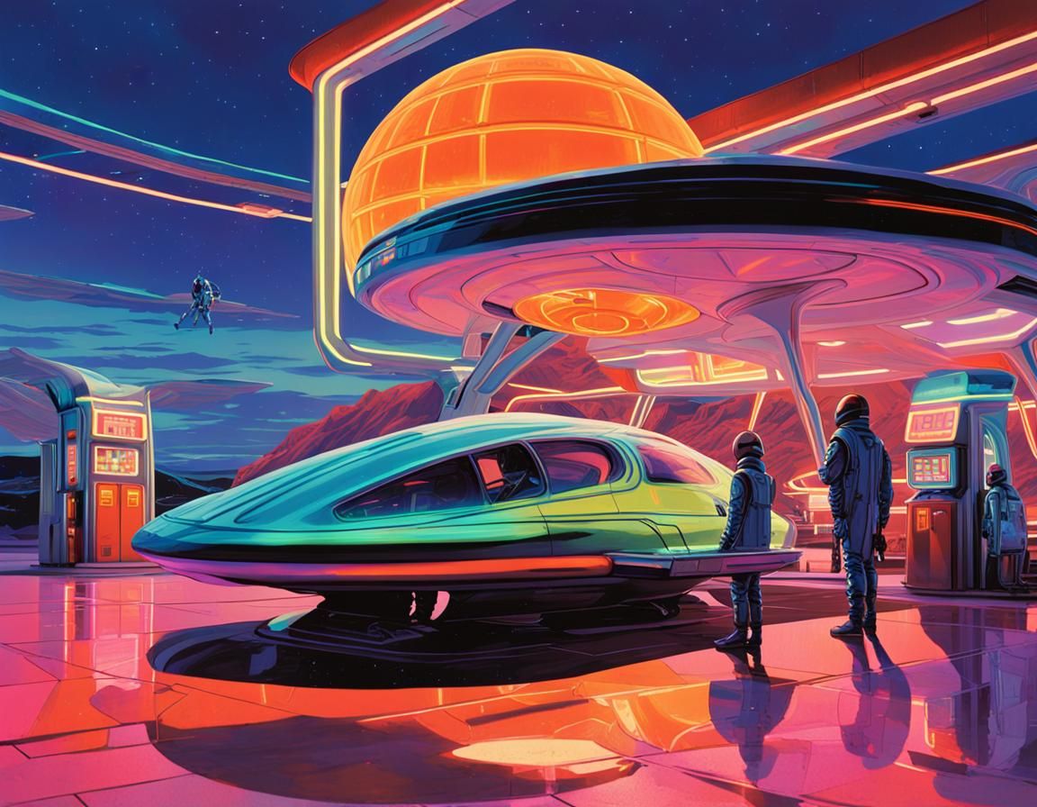 Futuristic Alien Gas Station in Retro Sci-Fi Style