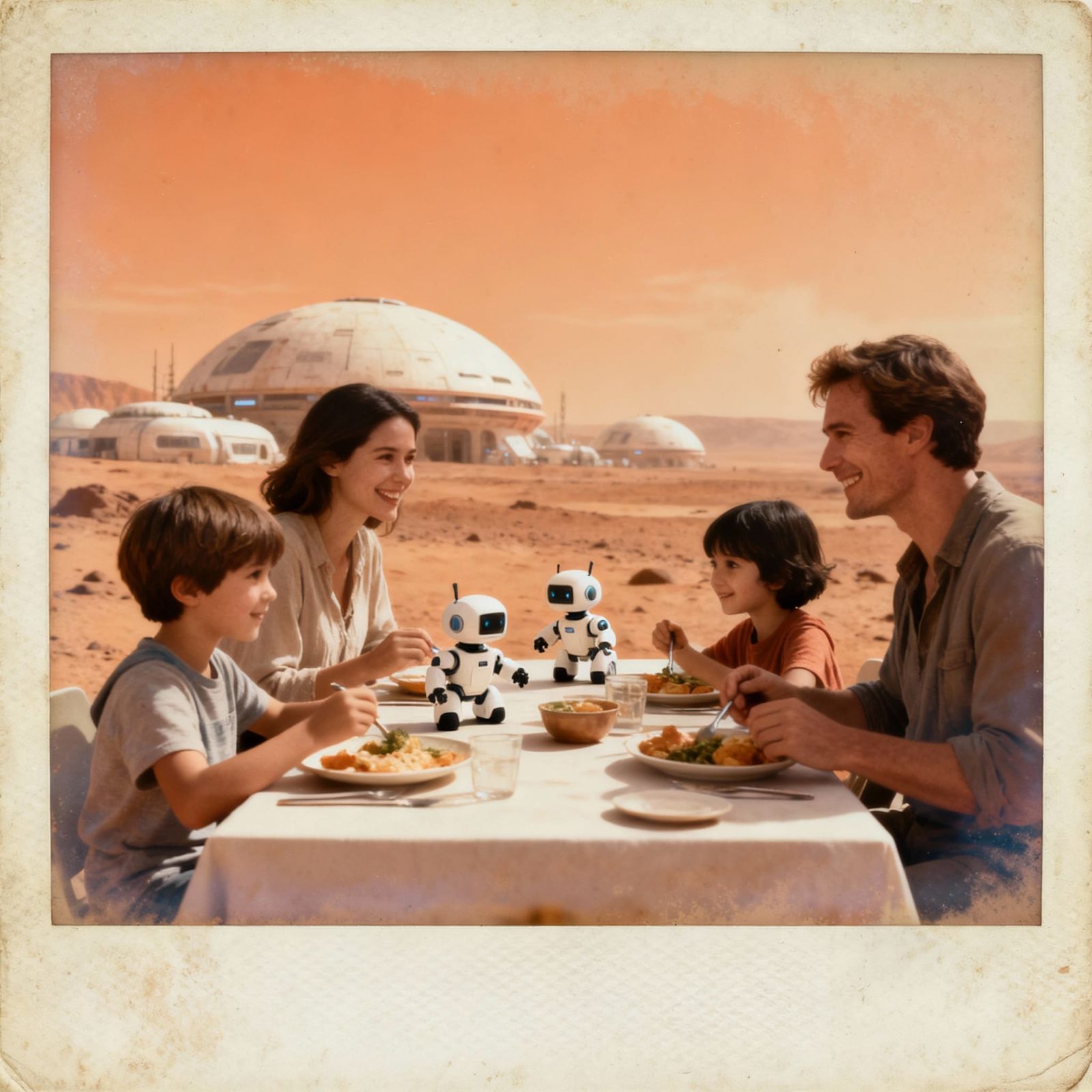 Family Meal on Mars 2077 in Vintage Polaroid Style
