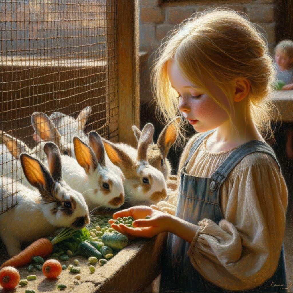 Impressionist Oil Painting of Girl Feeding Rabbits