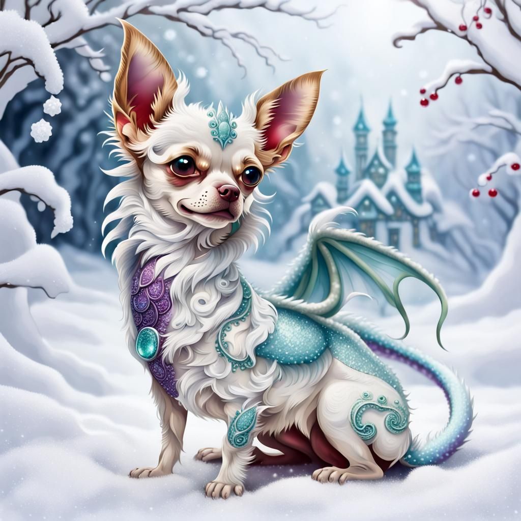 Ornate Dragon-Chihuahua in Sparkling Snow, Digital Art