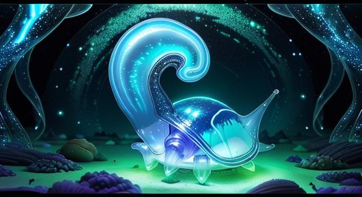 Bioluminescent Glass Snail Shell in Galactic Landscape