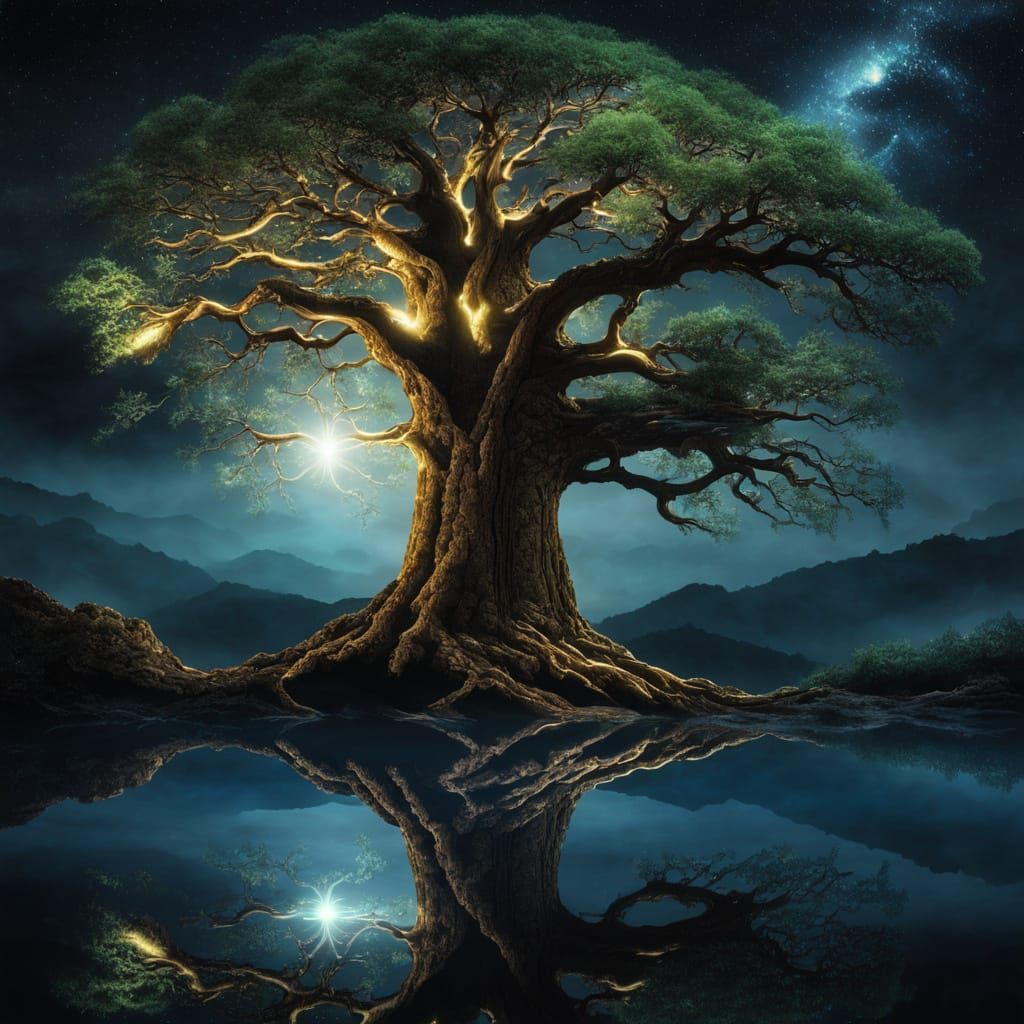 Ancient Tree Illuminated in Ethereal Glow