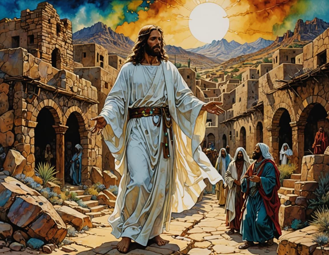 Jesus Christ Healing Leper in Alcohol Ink Style