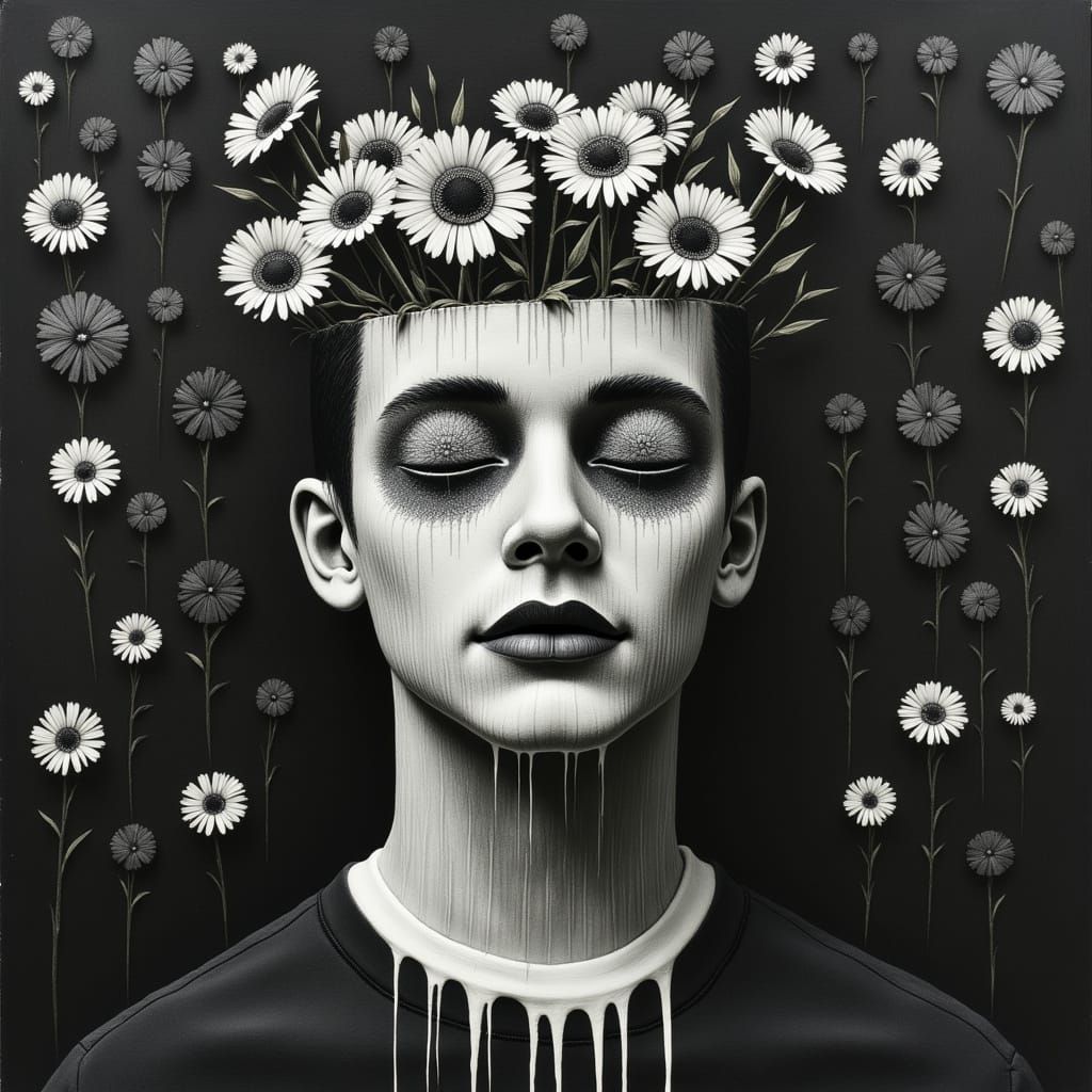 Surrealistic Black and White Flowers Bloom from Dystopian He...