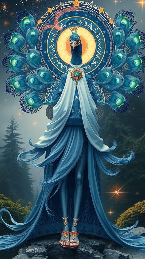 A humanoid peacock figure, with sapphire eyes and regal stan...