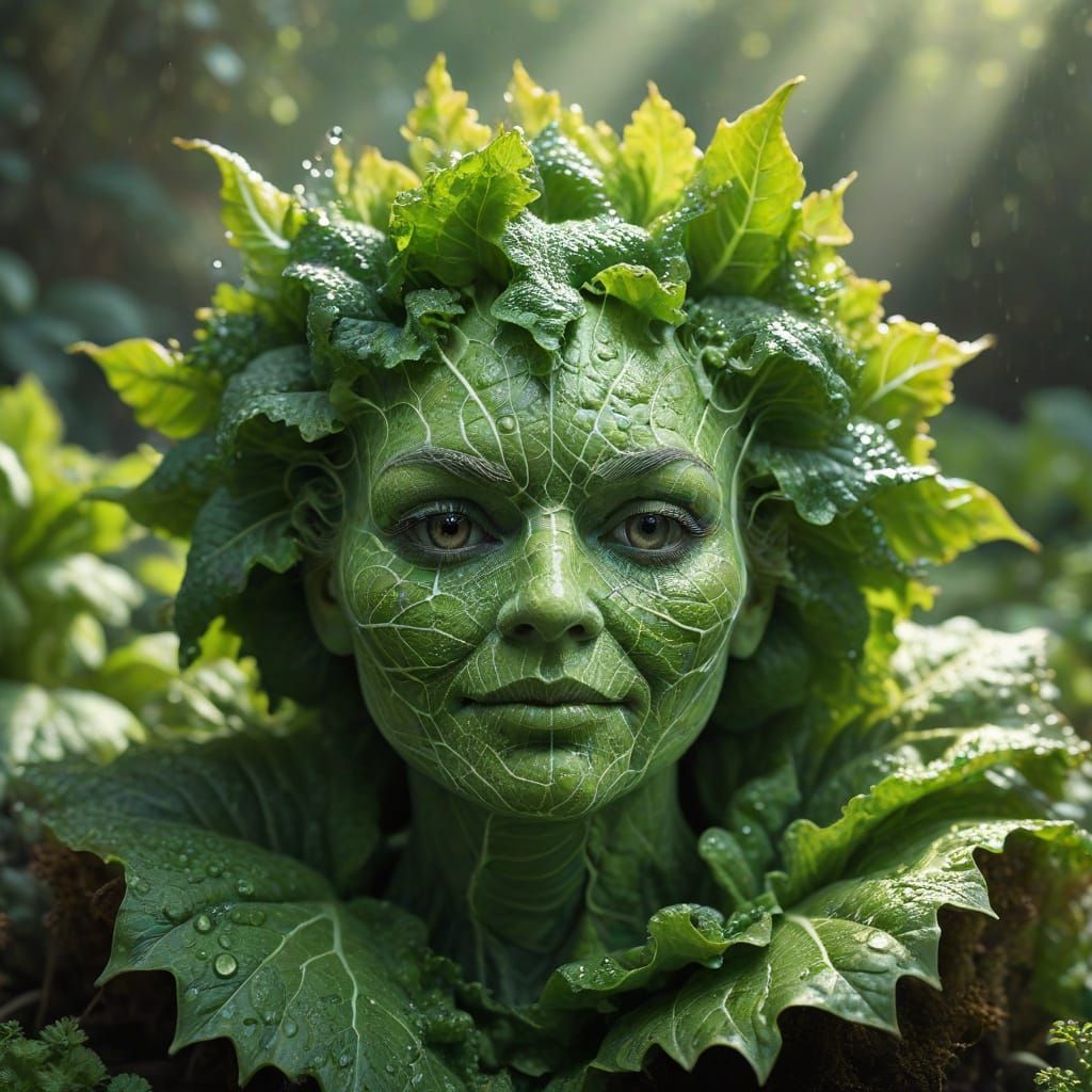 Surrealistic Hyperrealistic Head of Lettuce as Playful Garde...