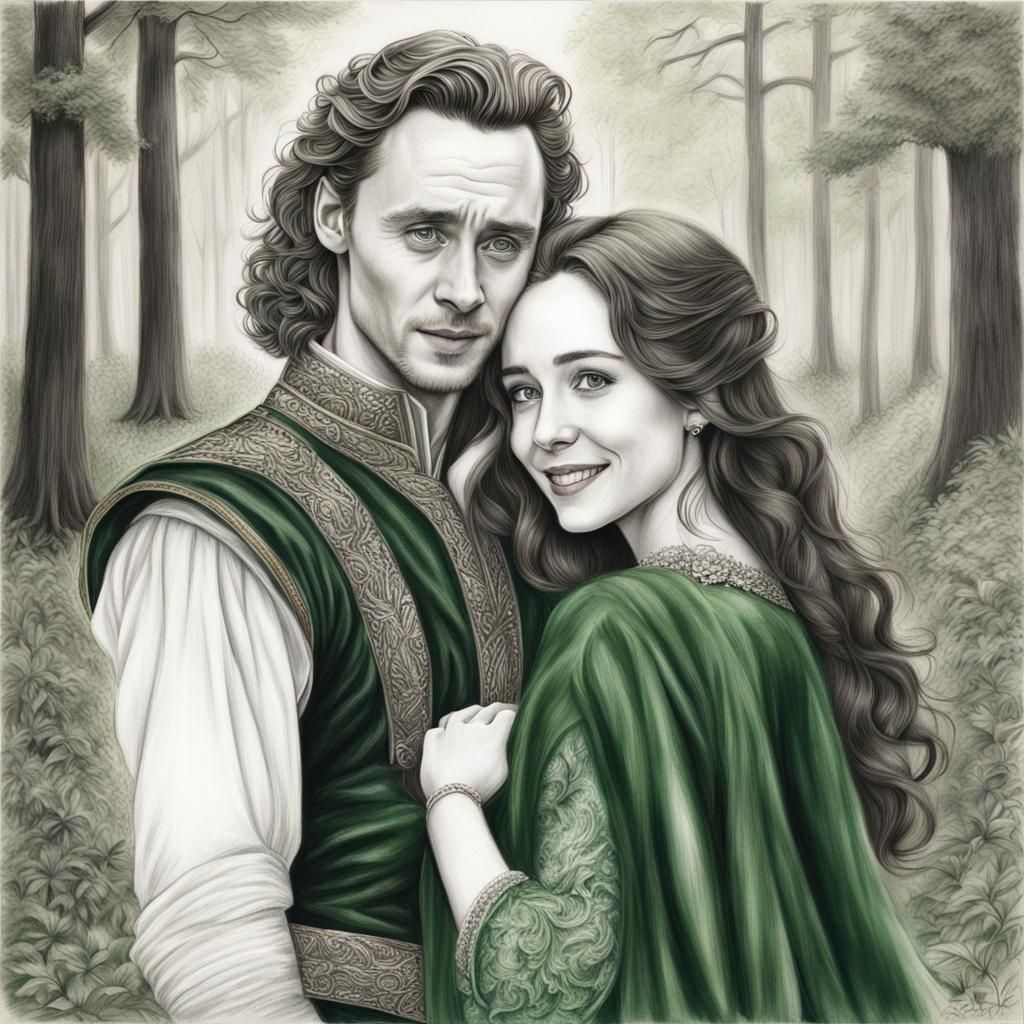 Prince and Princess Embrace in Forest Charcoal Drawing