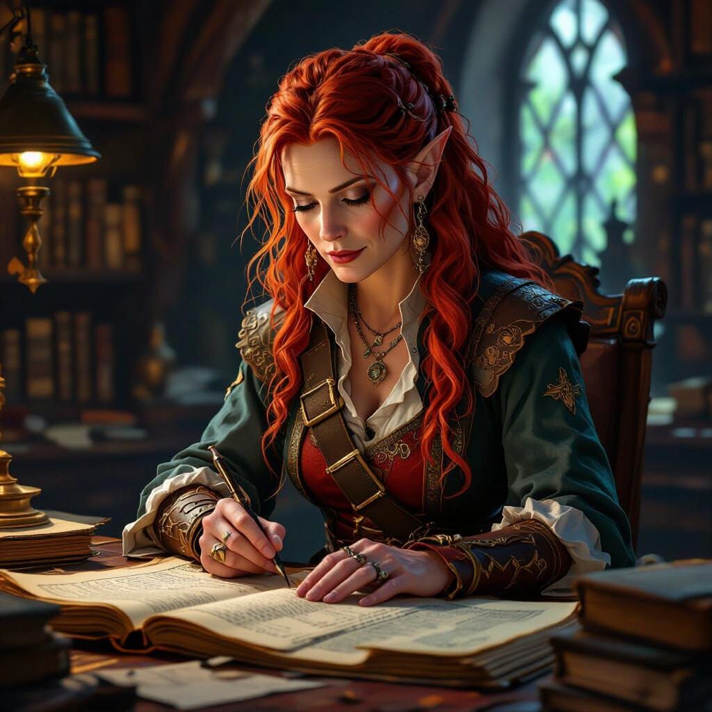 Elven Pirate Archivist with Red Hair in Matte Painting Style