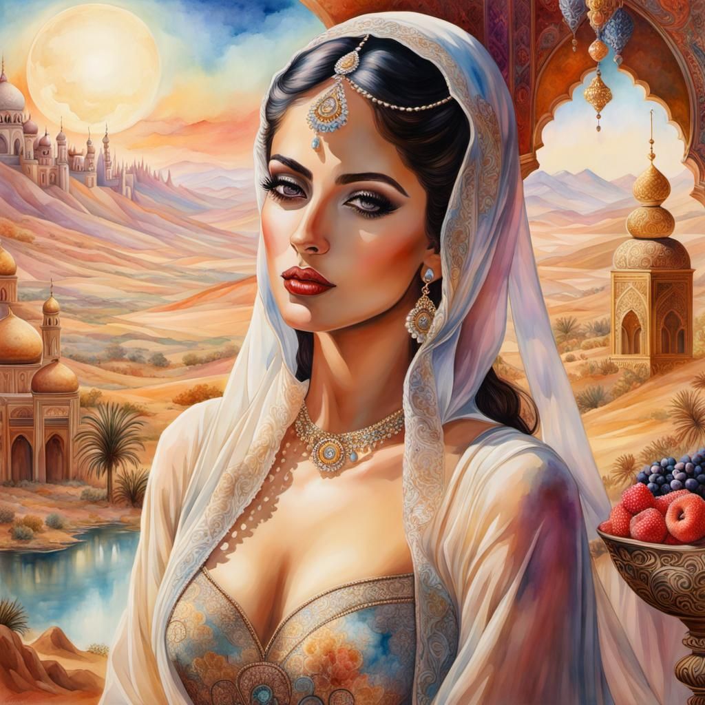 Arabian Woman Double Exposure: Watercolor Landscape