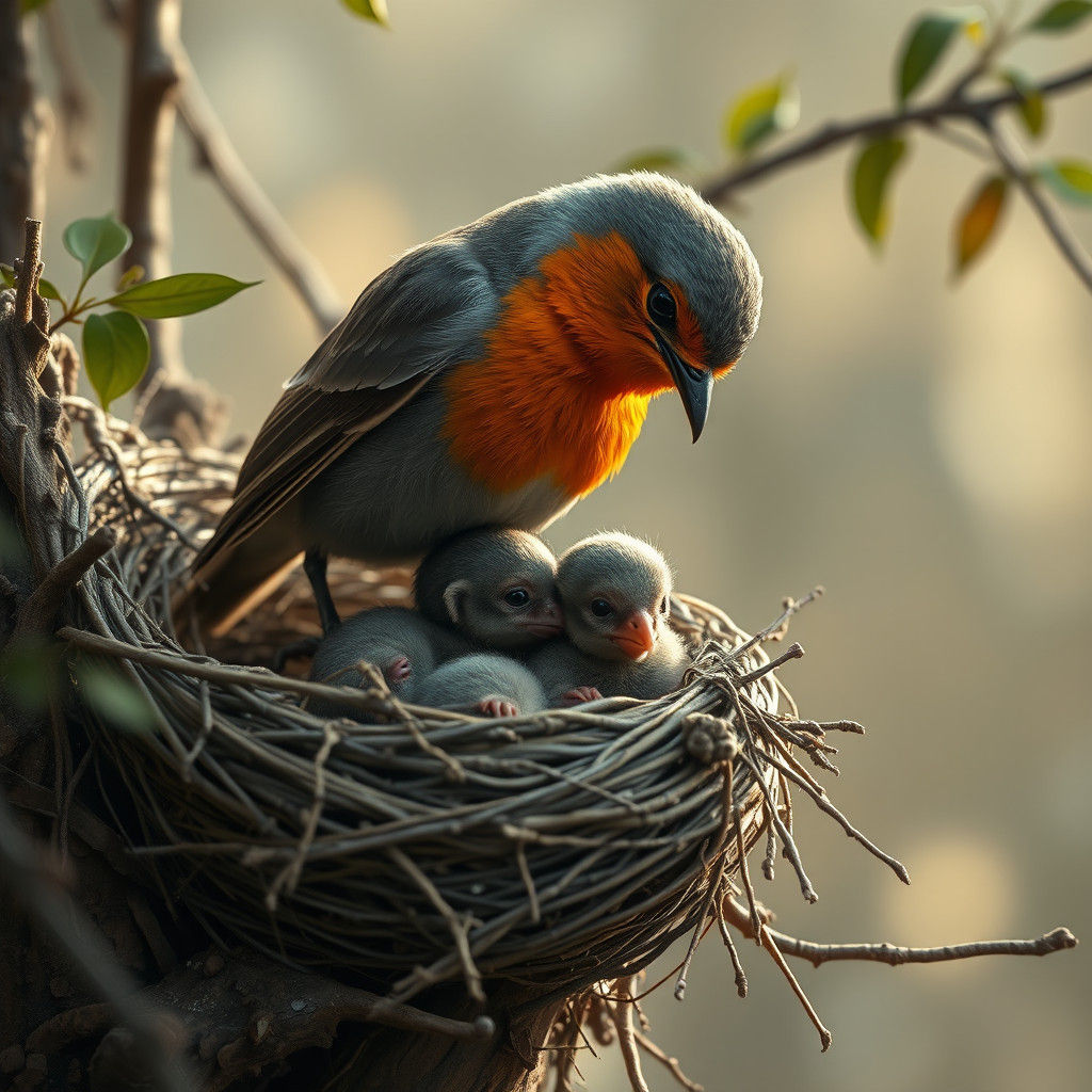 Robin Feeding Babies: Dramatic Digital Painting
