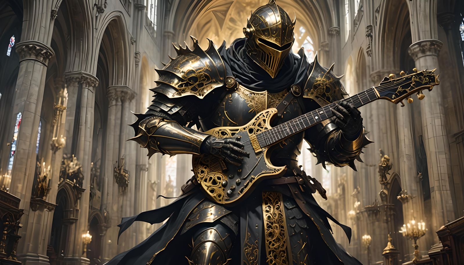 High Gothic Paladin Plays Guitar in Cathedral