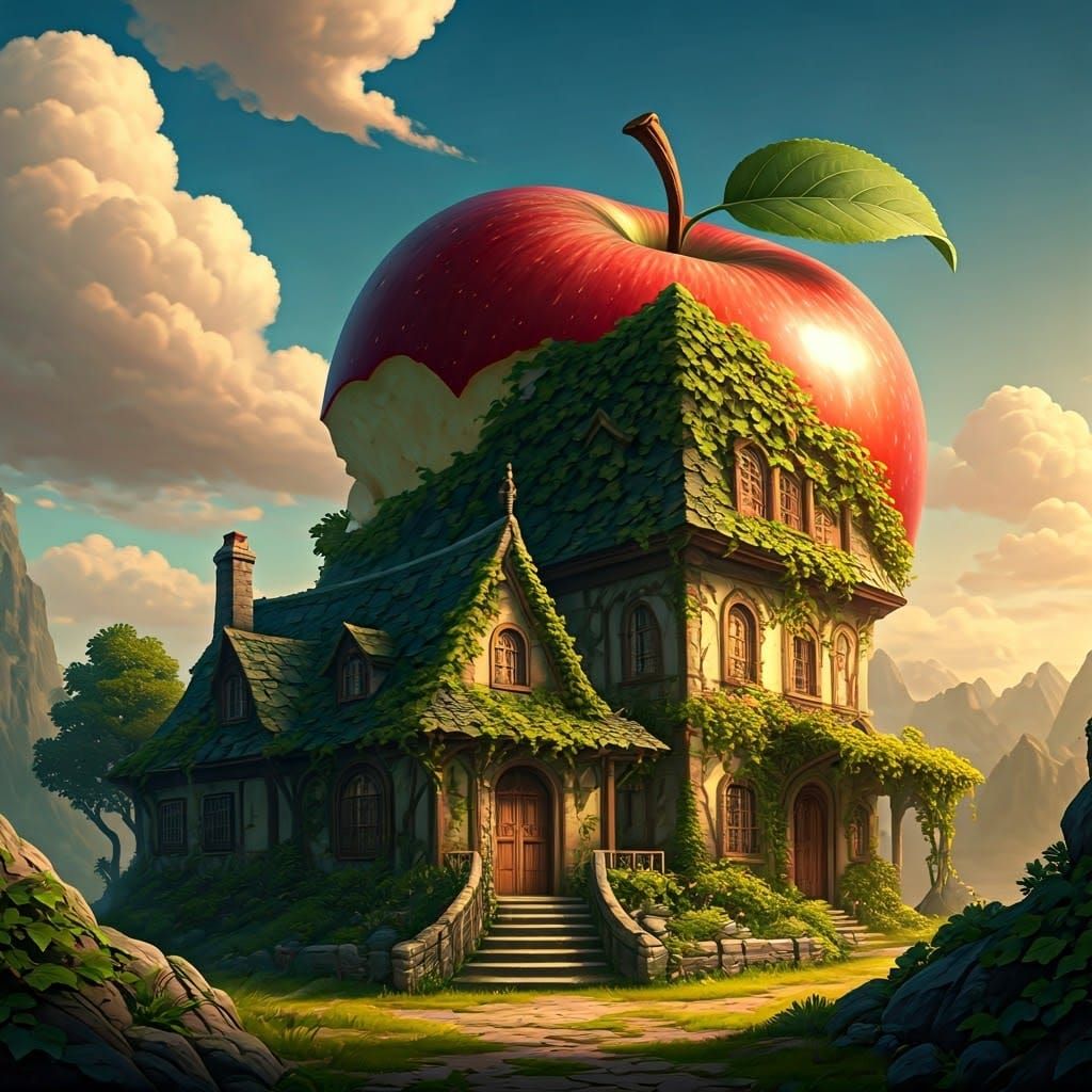 Giant Apple Devours Cottage in Surreal Concept Art