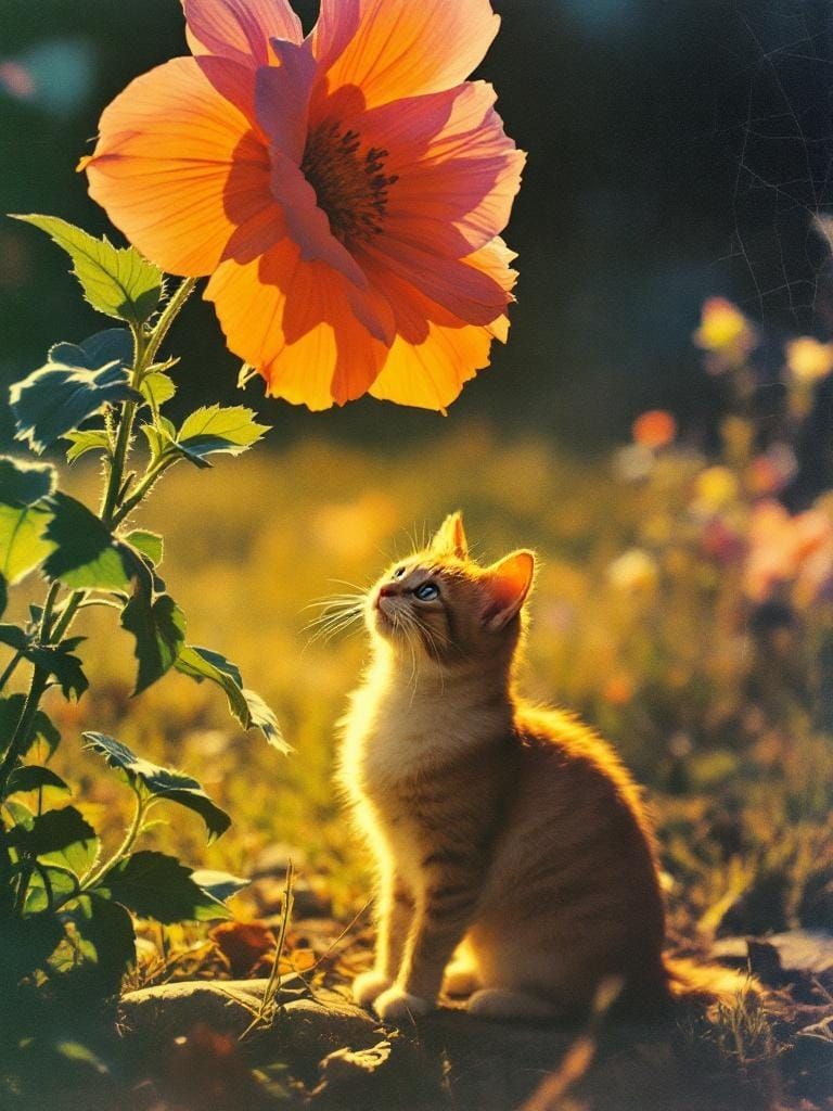 Cat Under Flower with Soft Focus and Warm Colors