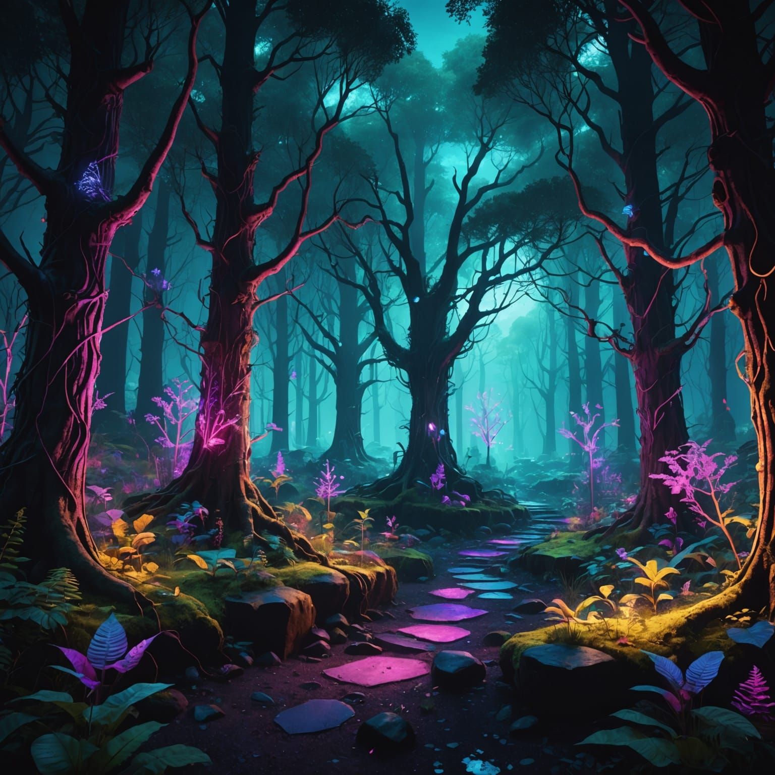 Enchanted Forest in Neon Lights: Fantasy Concept Art