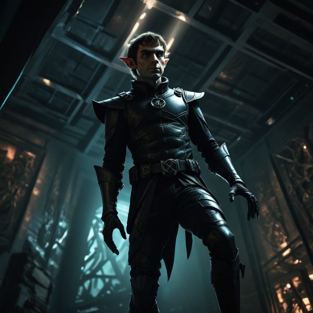 Elf Climbs Museum Ceiling in Dark Fantasy Style