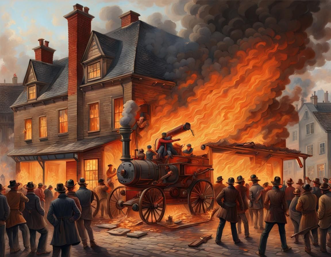 Burning 19th Century Inn Gouache Painting