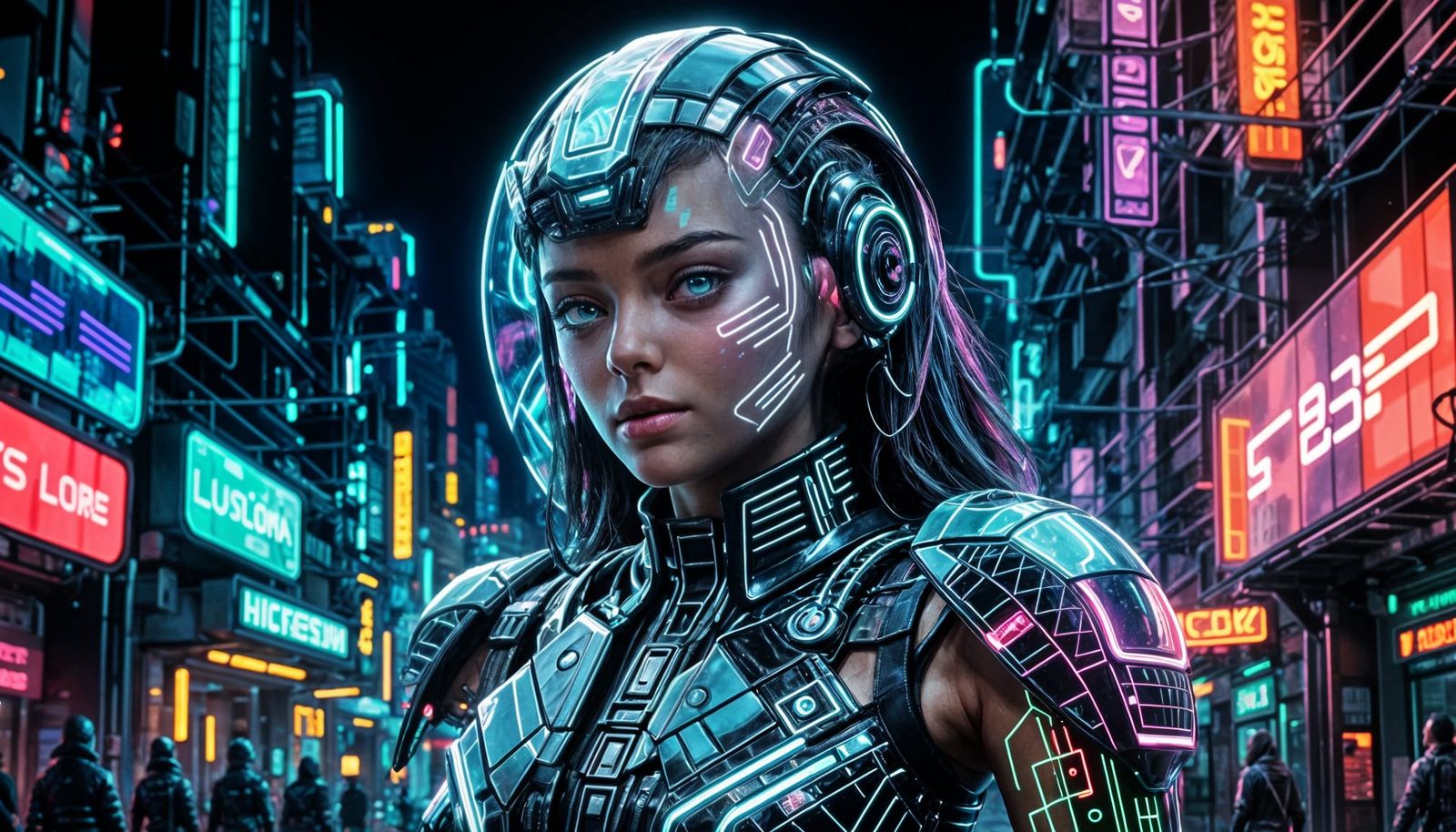 Cyberpunk Woman with Neon Glasses in Futuristic City