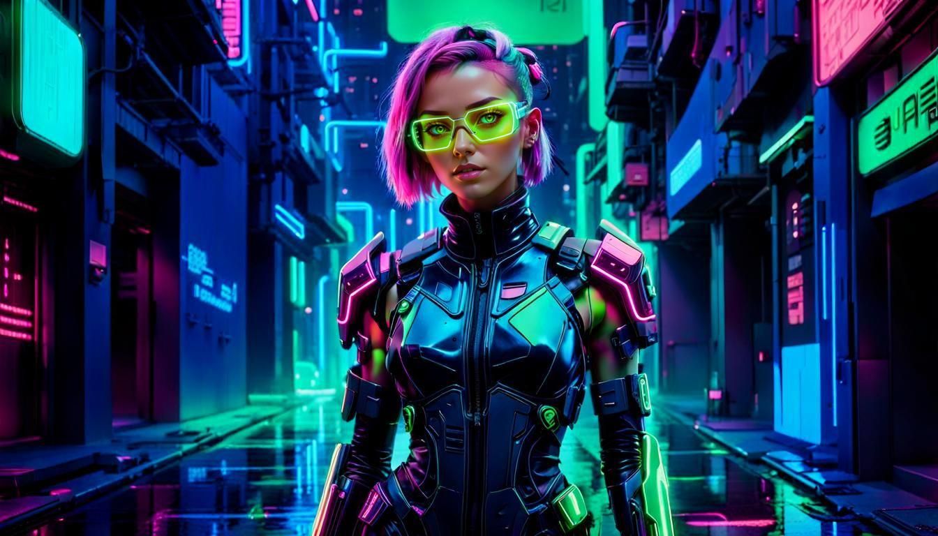 Cyberpunk Woman with Neon Glasses in Futuristic City