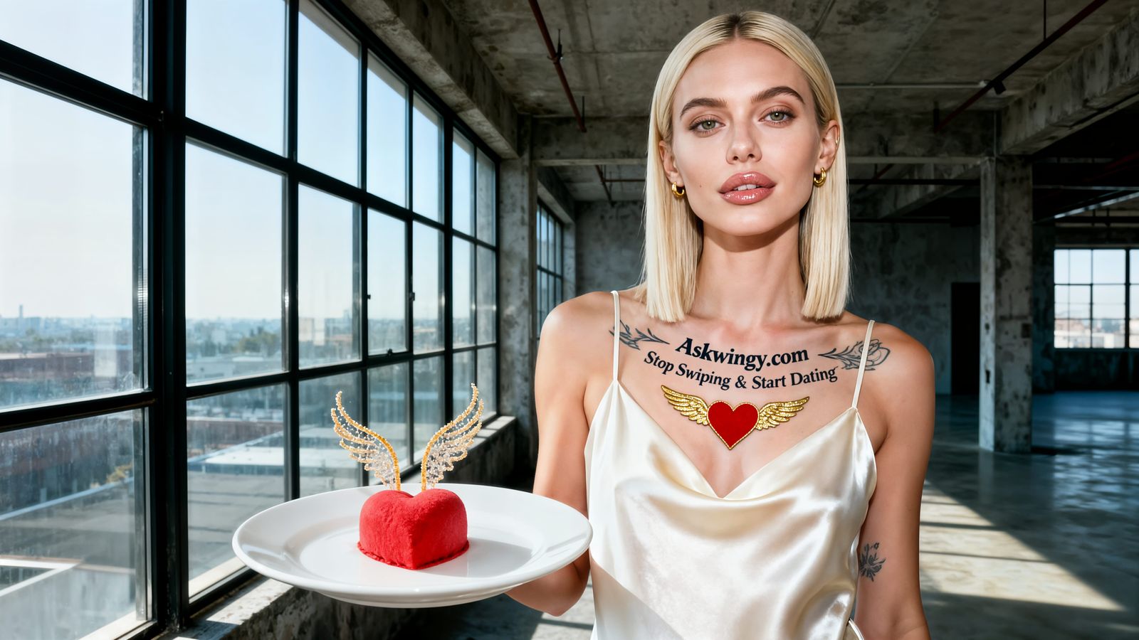 Blonde Woman in Satin Slip Dress by Loft Windows