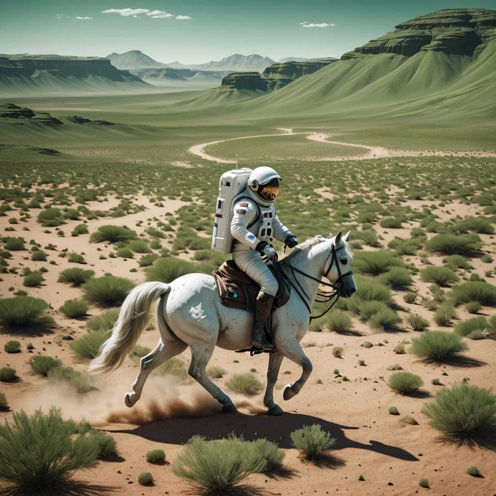Astronaut Rides Horse in Green Desert: 3D Render