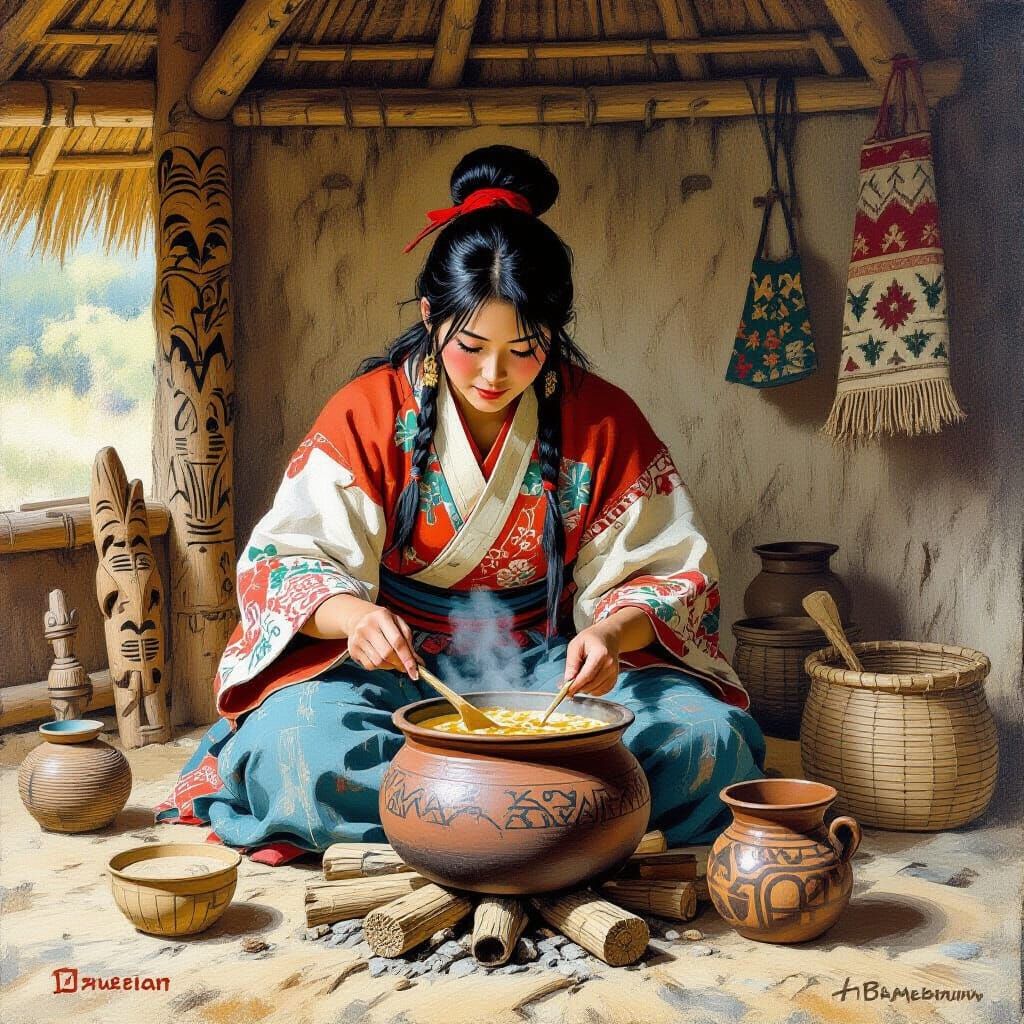 Ainu Woman Cooking Stew in Traditional Setting