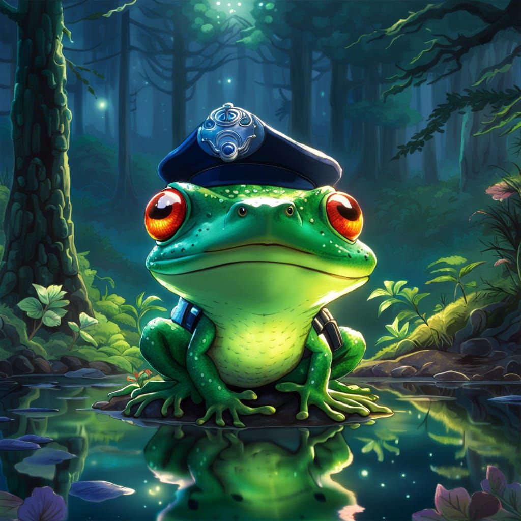 Anime Frog Policeman in Tranquil Lakeside Reflection