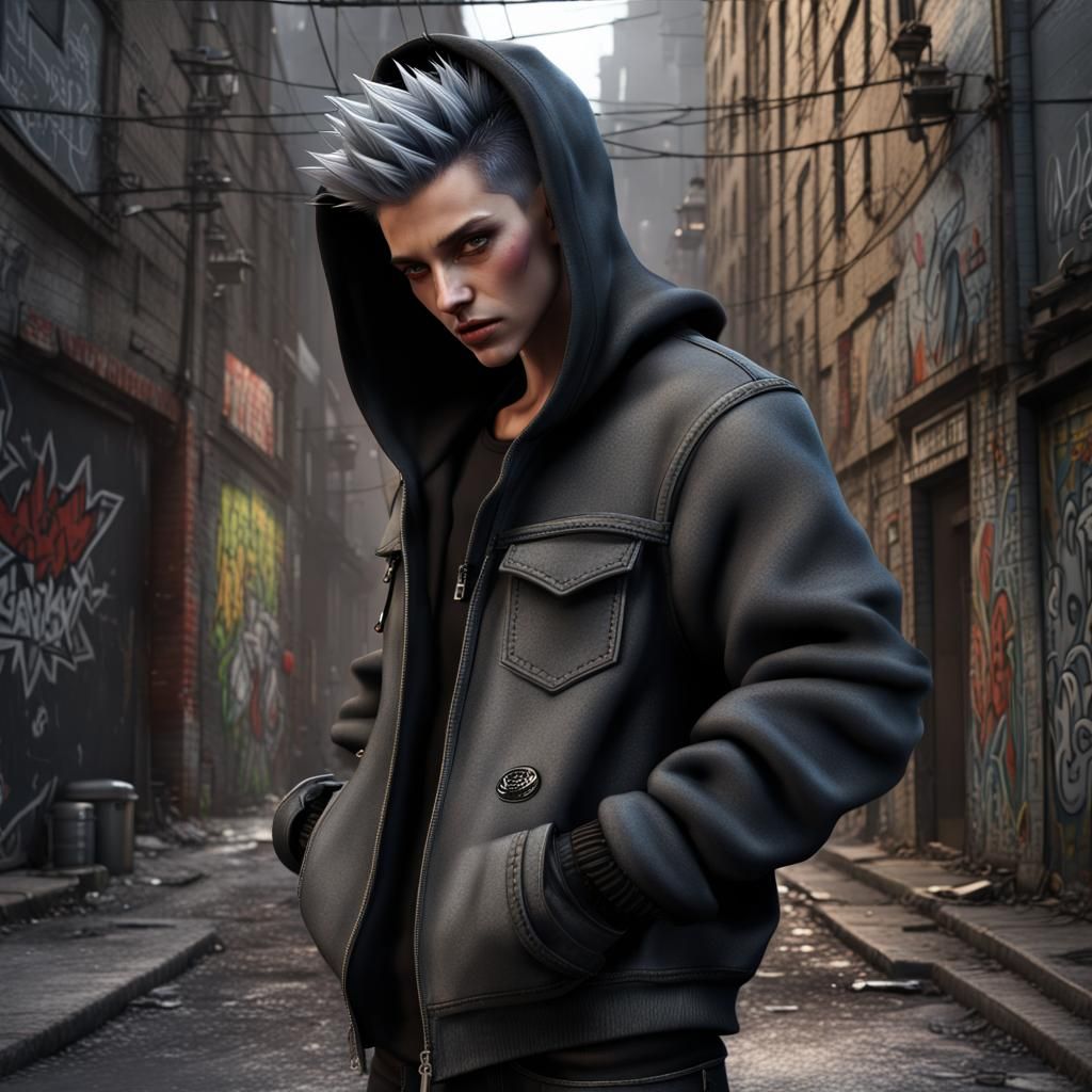 Edgy Urban Character in Graffiti Alley, Digital Art