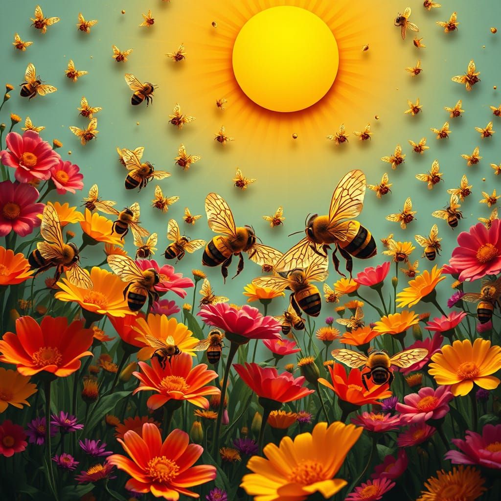 Celestial Guardians of Life: Vibrant Flower Meadow with Radi...