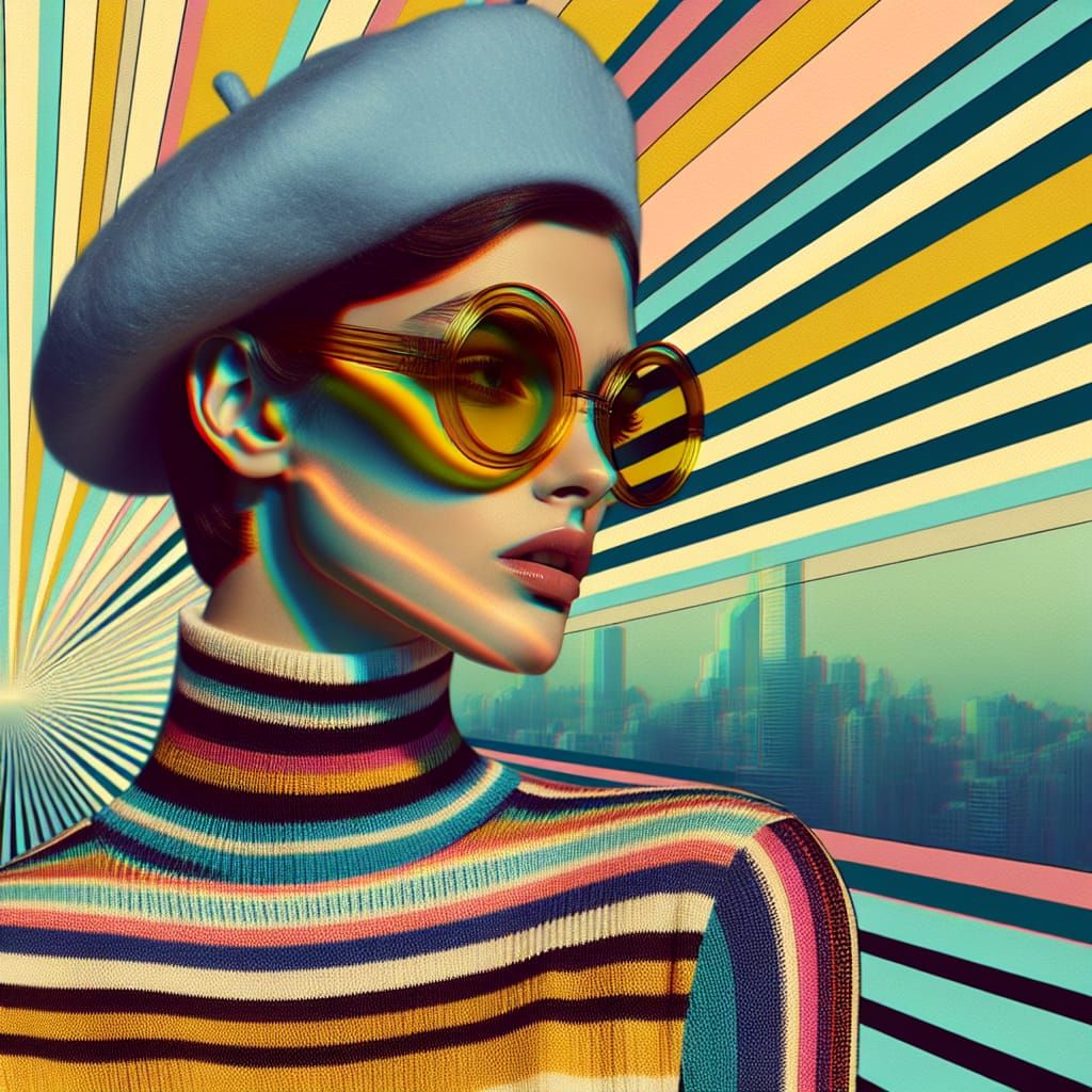 Retro-Futuristic Figure in Psychedelic Urban Landscape