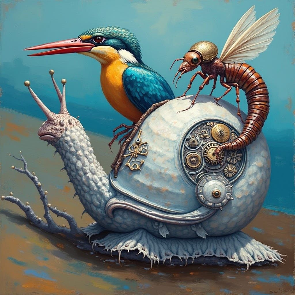 Steampunk Snail and Kingfisher in Matisse Dürer Style