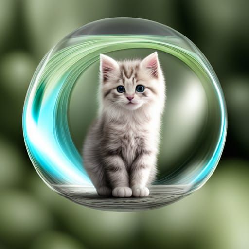 Cute Kitten Floating in a Bubble on a River