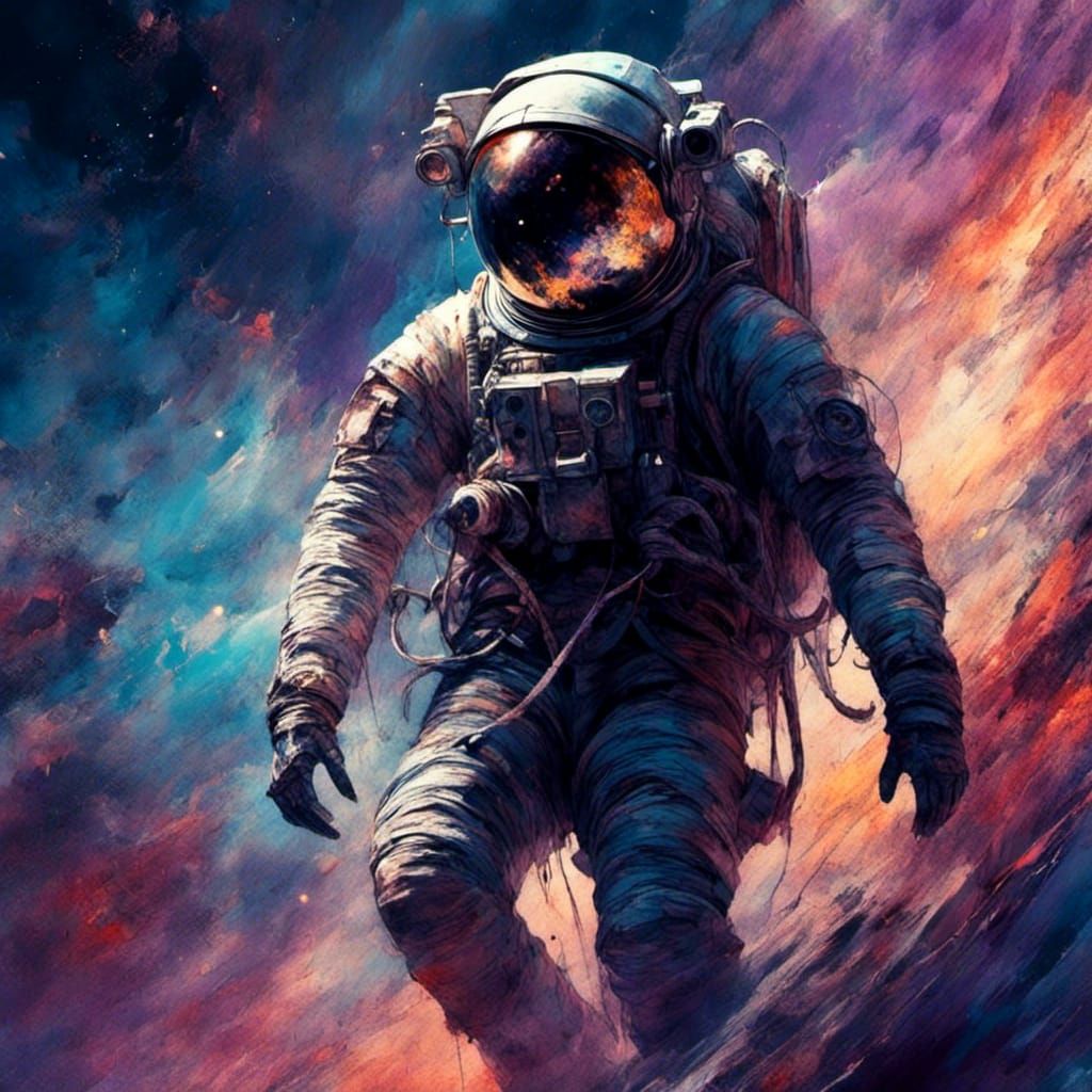 Astronaut Drifting in a Colorful Nebula, Digital Art