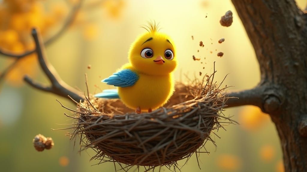 Pixar-Style Scene of Bird Losing Nest in Wind
