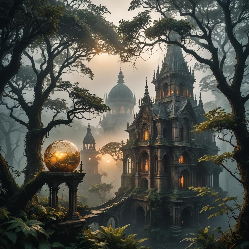 Misty Landscape with Glowing Orbs in Digital Art