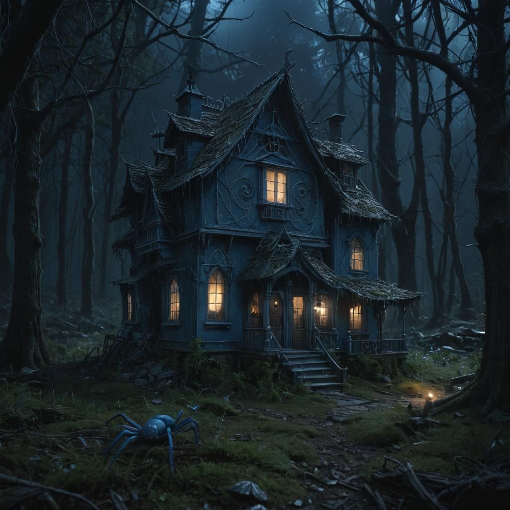 Creepy Dollhouse in Dark Forest: Cinematic Digital Art