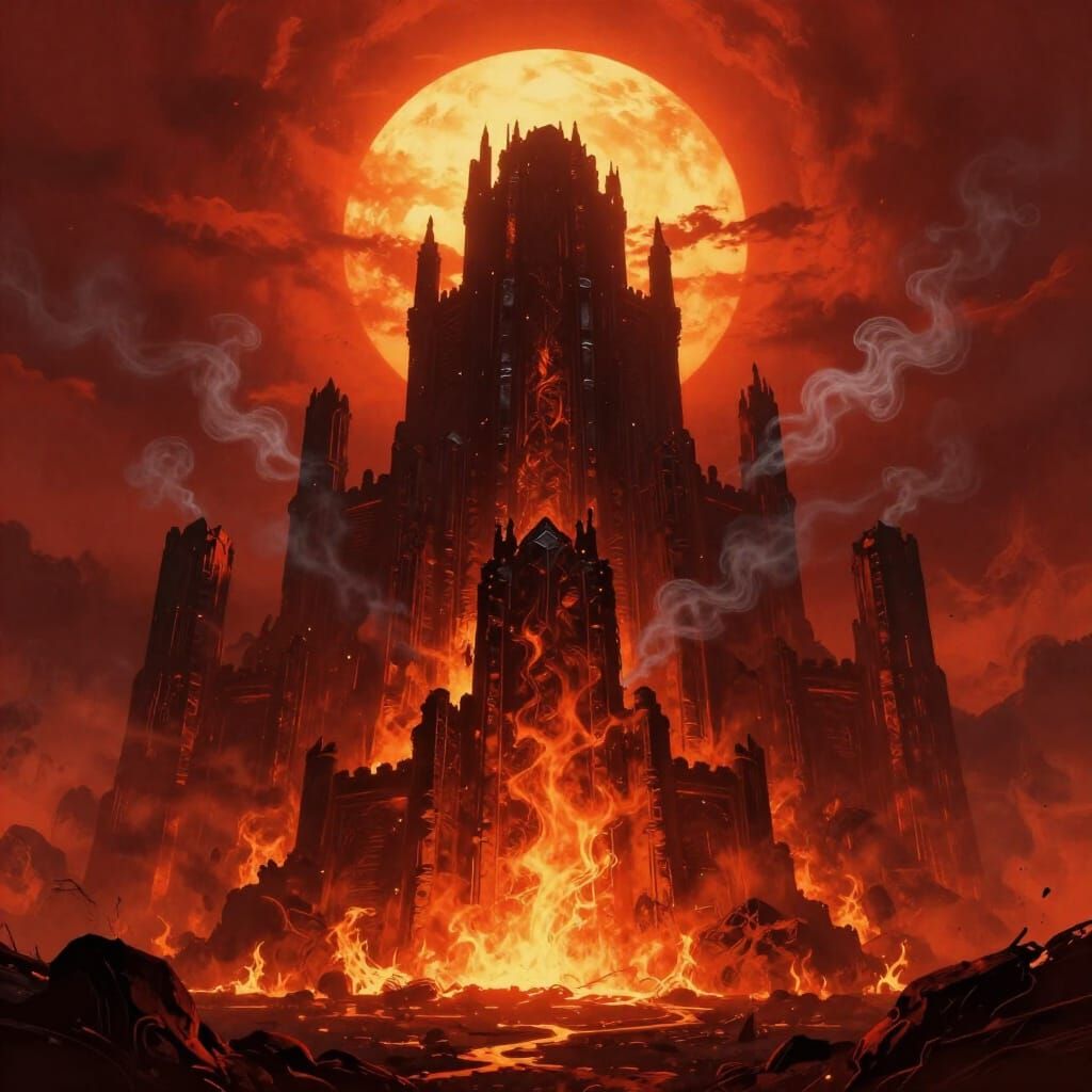 Obsidian Citadel in Fiery Landscape, Matte Painting Style