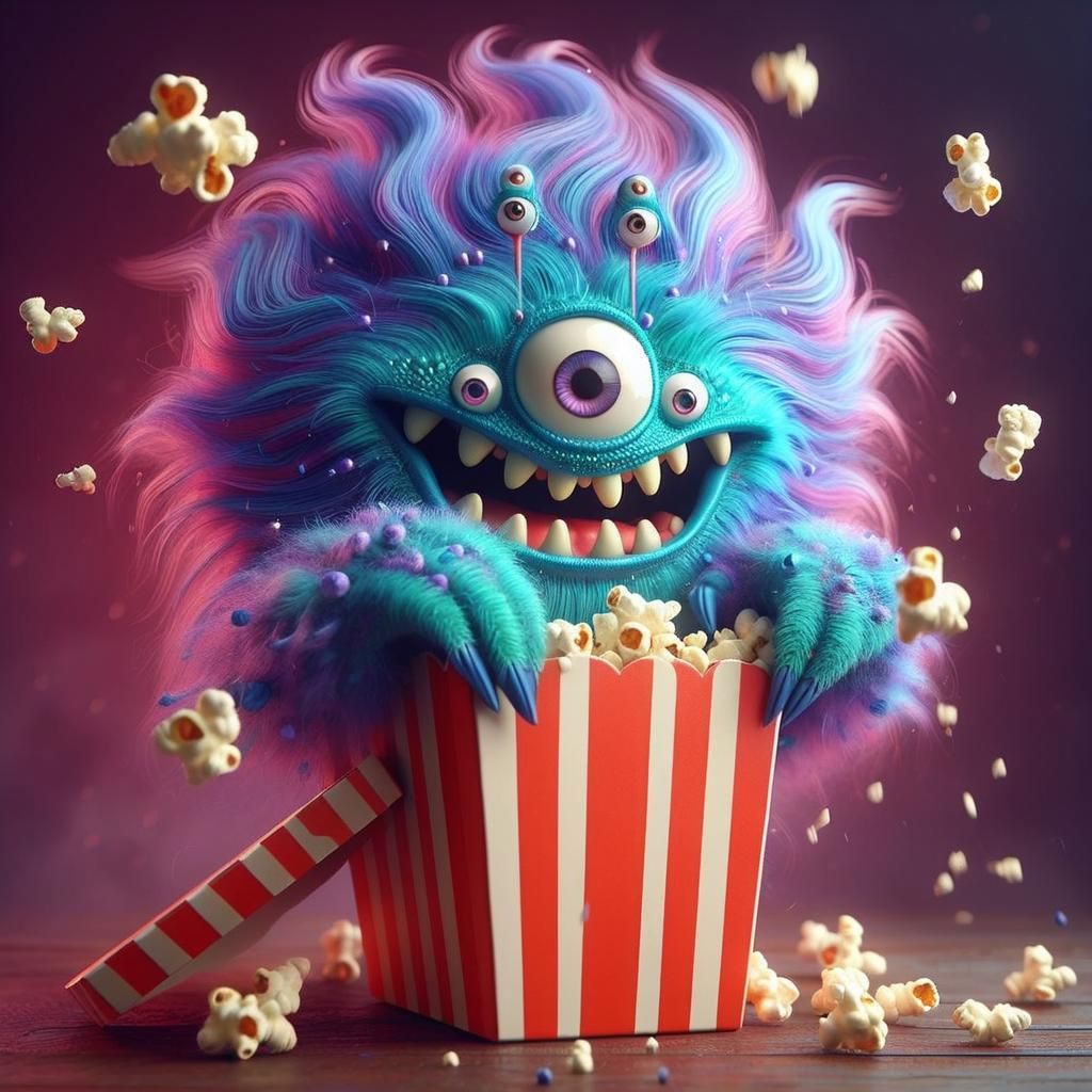 Whimsical Popcorn Monster with Turquoise and Purple Colors